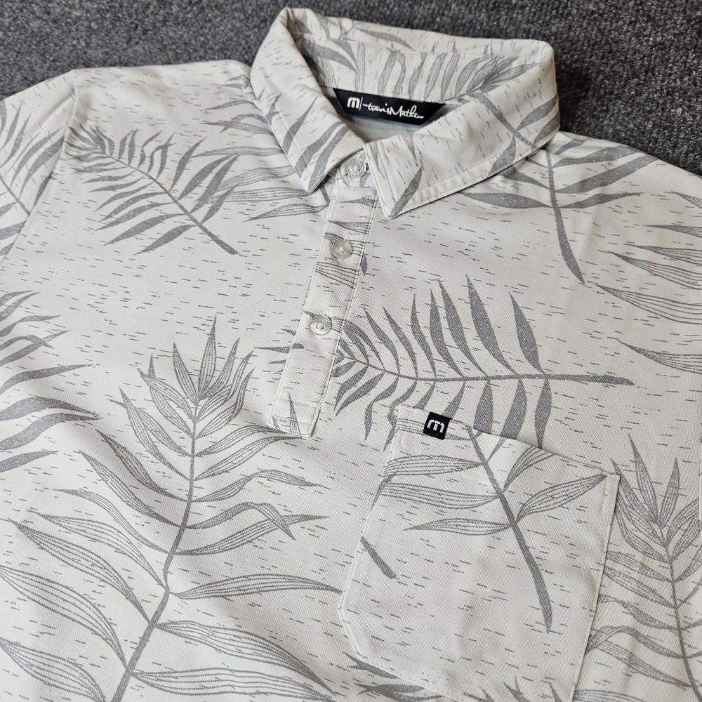 Travis Mathew Men's Polo Shirt Size Medium Gray Palm Leaf Golf Pima Cotton Blend